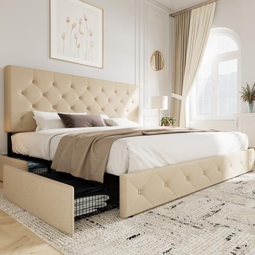 Allewie Upholstered Queen Size Platform Bed Frame with 4 Storage Drawers and Headboard, Square Stitched Button Tufted