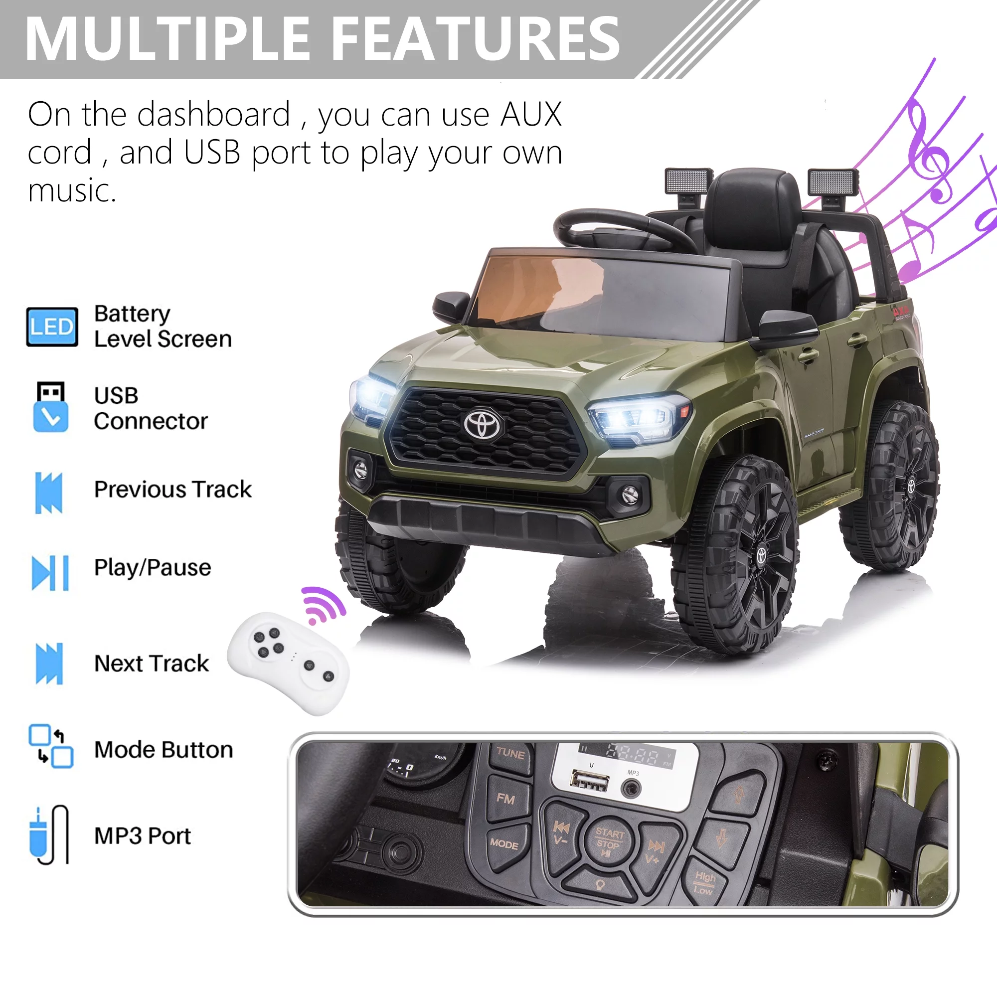 Licensed Toyota Tacoma Electric Ride on Vehicle for Kids, 12V Powered Ride on Car Toys with Remote Control, LED Lights, MP3 Player, Gray