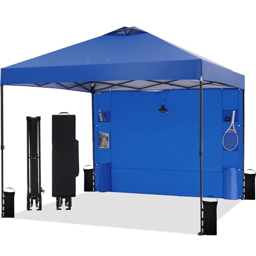 10'x10' Pop Up Canopy Tent with 1 Sidewall and 6 Pockets, One Push Setup, Instant Shade Tent with Vented Roof for Beach Patio Outdoor, Case, 8 Stakes