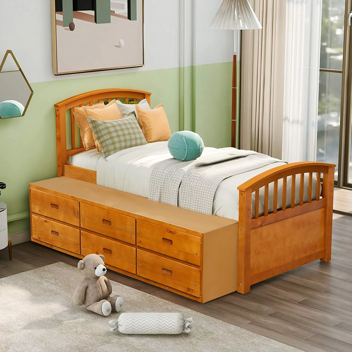 SOGES Twin Size Wood Platform Bed Captain Storage Bed with 6 Drawers Kids Bedroom Oak