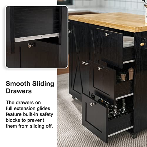 IRONCK Rolling Kitchen Island Cart with Drop-Leaf Countertop, Barn 3Drawers, Barn Door Style Cabine,Thicker Rubberwood Top, Spice Rack, on Wheels