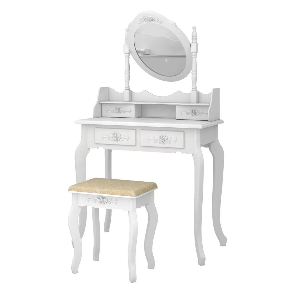 SamyoHome Vanity Table Set, Makeup Dressing Table with Mirror, Vanity Desk with Cushioned Stool 4 Drawers, White