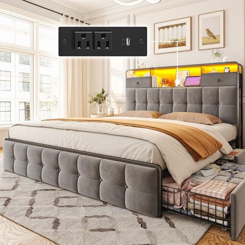 EnHomee King Size Bed Frame with 4 Storage Drawers King Bed Frame with Headboard Built in Charging Station and LED Lights, No Noise