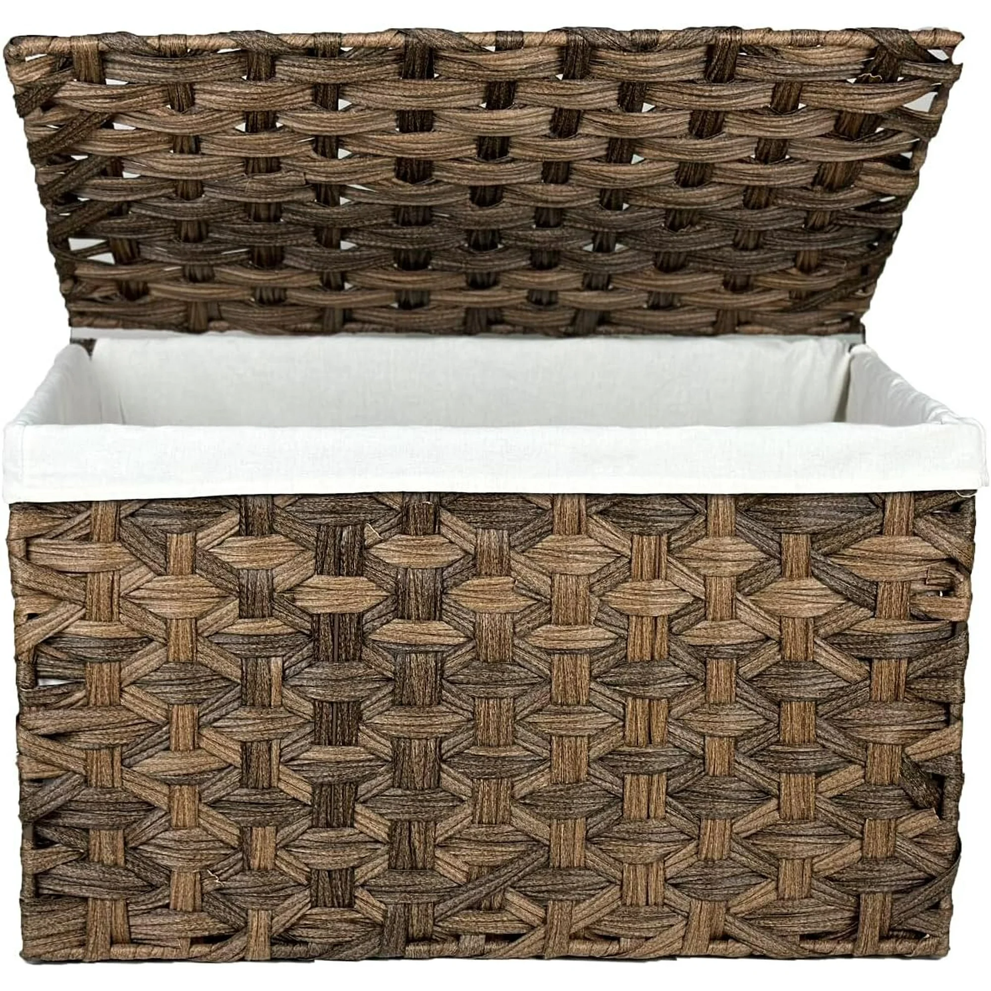Wicker Storage Basket with Lid, 27.7 Gallon (105L) Large Blanket Basket with Lid, Woven Storage Bin with Handles, Removable Liner, Metal Frame
