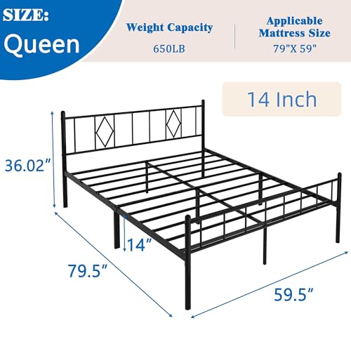Full Size Bed Frame, 14 Inch Metal Platform Bed with Iron-Art Headboard & Footboard, Classic Bed Frame with Heavy Duty Metal Slats Support
