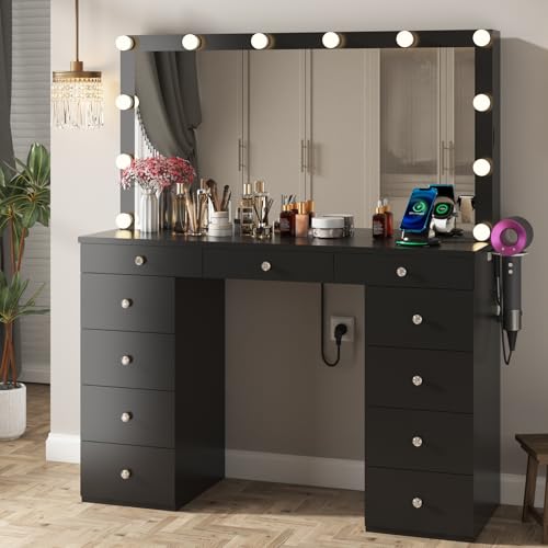 Likein Vanity Desk with Mirror and Lights, White Vanity with Jewelry Storage Cabinet, Makeup Dressing Table with 11 Drawers, Charging Station