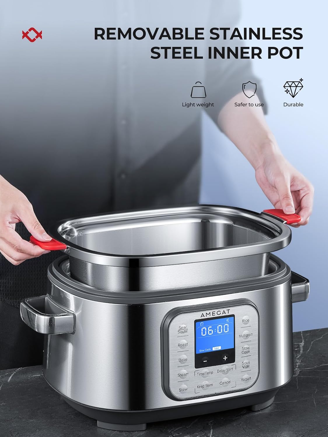 10-in-1 Programmable Slow Cooker 6 Quart with Stainless Steel Pot, Glass Lid, Steaming Rack, and LED Display