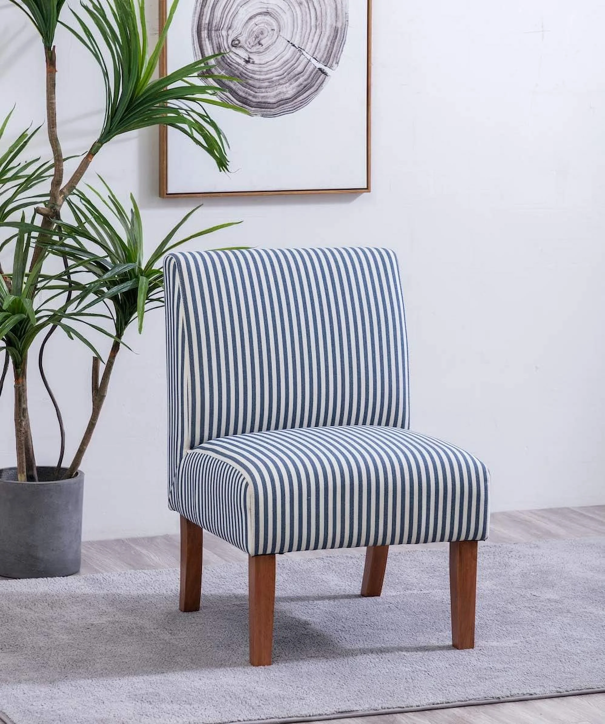Classic Armless Slipper Accent Chair With Wood Legs, Navy And White Stripe Fabric