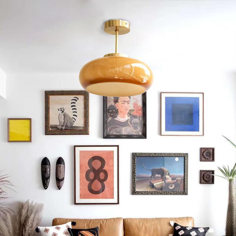 Arturesthome Ceiling Light Fixture Glass Lampshade Pendant Light with Brass Cover Amber Glass Hanging Lamp Vintage Yellow Glass Semi Flush Mount