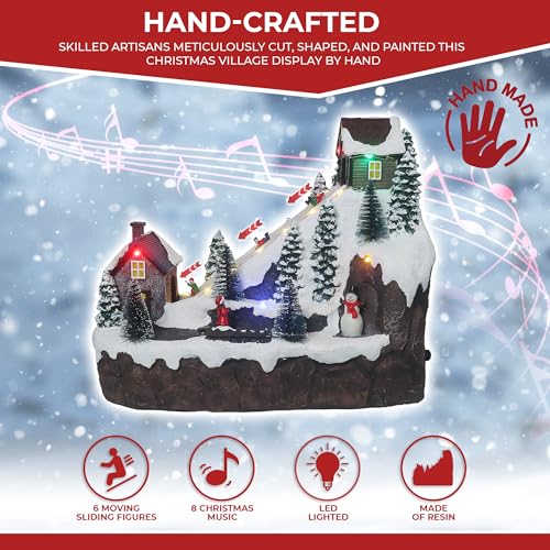 Christmas Village Sledding Down Hill - Lighted Musical Snow Village with 8 Animated Kids Going Down The Mountain