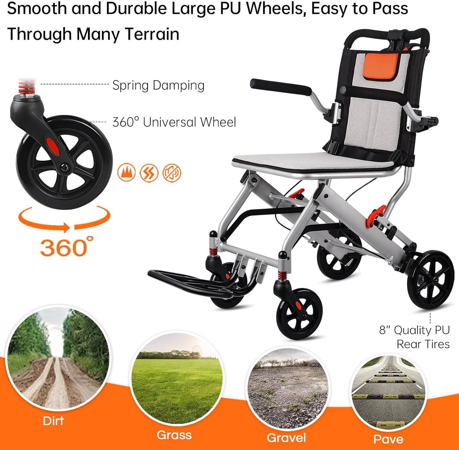 Super Lightweight (Only 19lbs) Portable Transit Travel Wheelchair, Folding Transport Wheelchairs for Adults and Seniors Support 220lbs