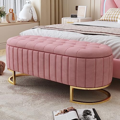 GERRIT Oval Storage Ottoman Bench with Button-Tufted, Velvet Upholstered Storage Bench with Metal Legs, End of Bed Ottoman Bench for Bedroom
