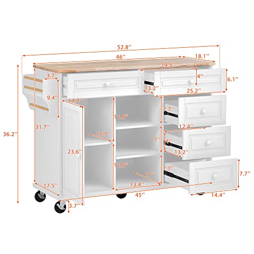 53.5''Farmhouse Kitchen Island with Power Outlet, Kitchen Storage Island with Drop Leaf, Spice Rack and Drawer, Rolling Kitchen Cart on Wheels