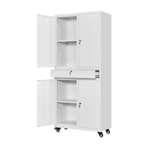 Metal Storage Cabinet with Wheels, Garage Storage Cabinet with Locking Draw and Adjustable Shelf, Tool Storage Cabinet for Garage, Home, Office, Gym