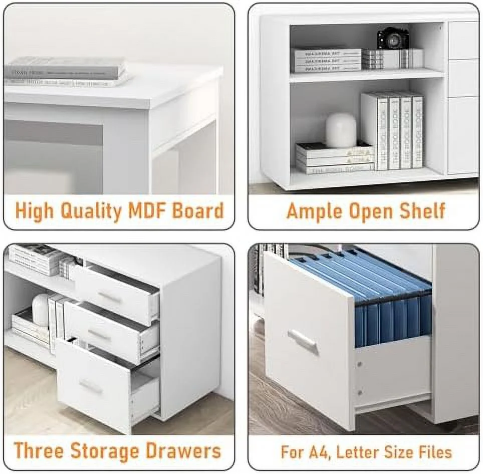 White L Shaped Desk with Drawers  Corner Desk with 3 Drawers and 2 Shelve  Executive Desk with  File Cabinet for  Office Workstation  Bedroom  55 inch