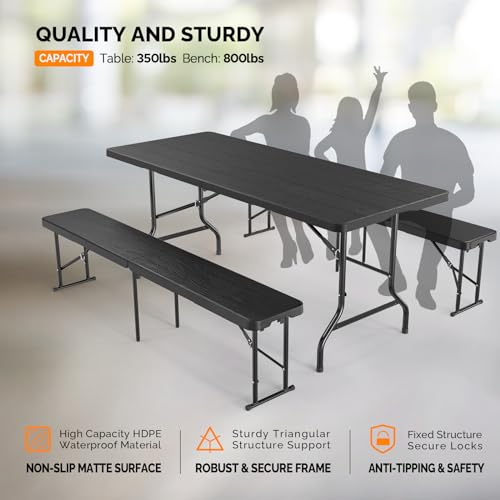 VINGLI Picnic Table Set with 2 Benches, 6 Feet Camping Table Chair Set,3-Piece Folding Furniture for Indoor or Outdoor Use, Smooth Tabletop, White