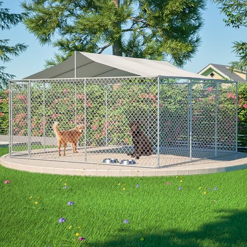 Large Outdoor Dog Kennel, Heavy Duty Galvanized Steel Dog Enclosure, Chicken Coop with Waterproof UV-Resistant Cover