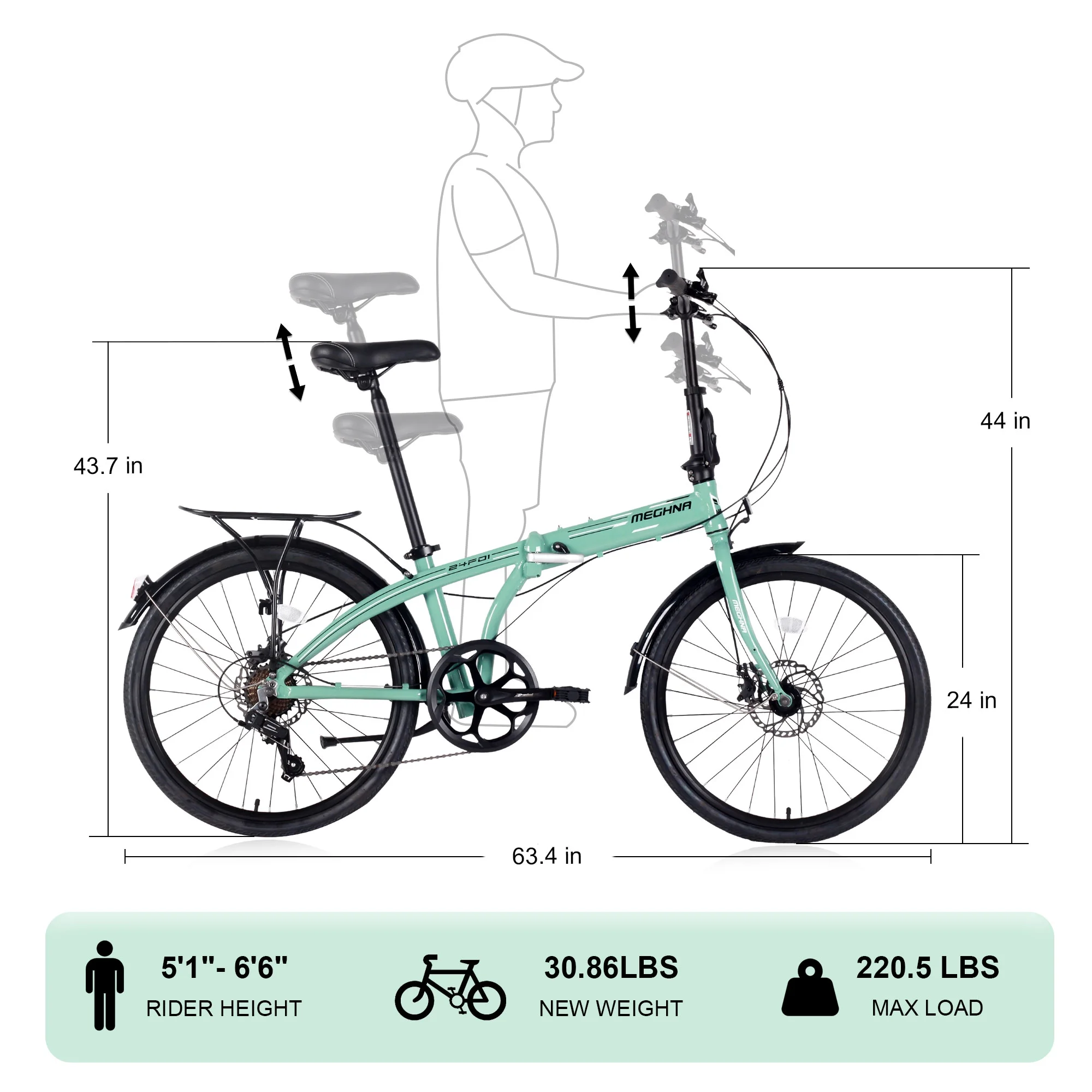Zukka Foldable Bike 24 inch City Commuter Bicycle for Men Women Green 7 Speed
