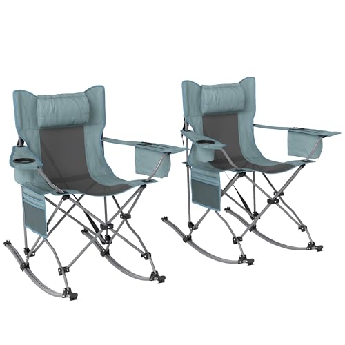 Outsunny Folding Rocking Camping Chairs for Adults, Portable Outdoor Rocking Chairs with Headrest, Cooler Bag, Cup Holder