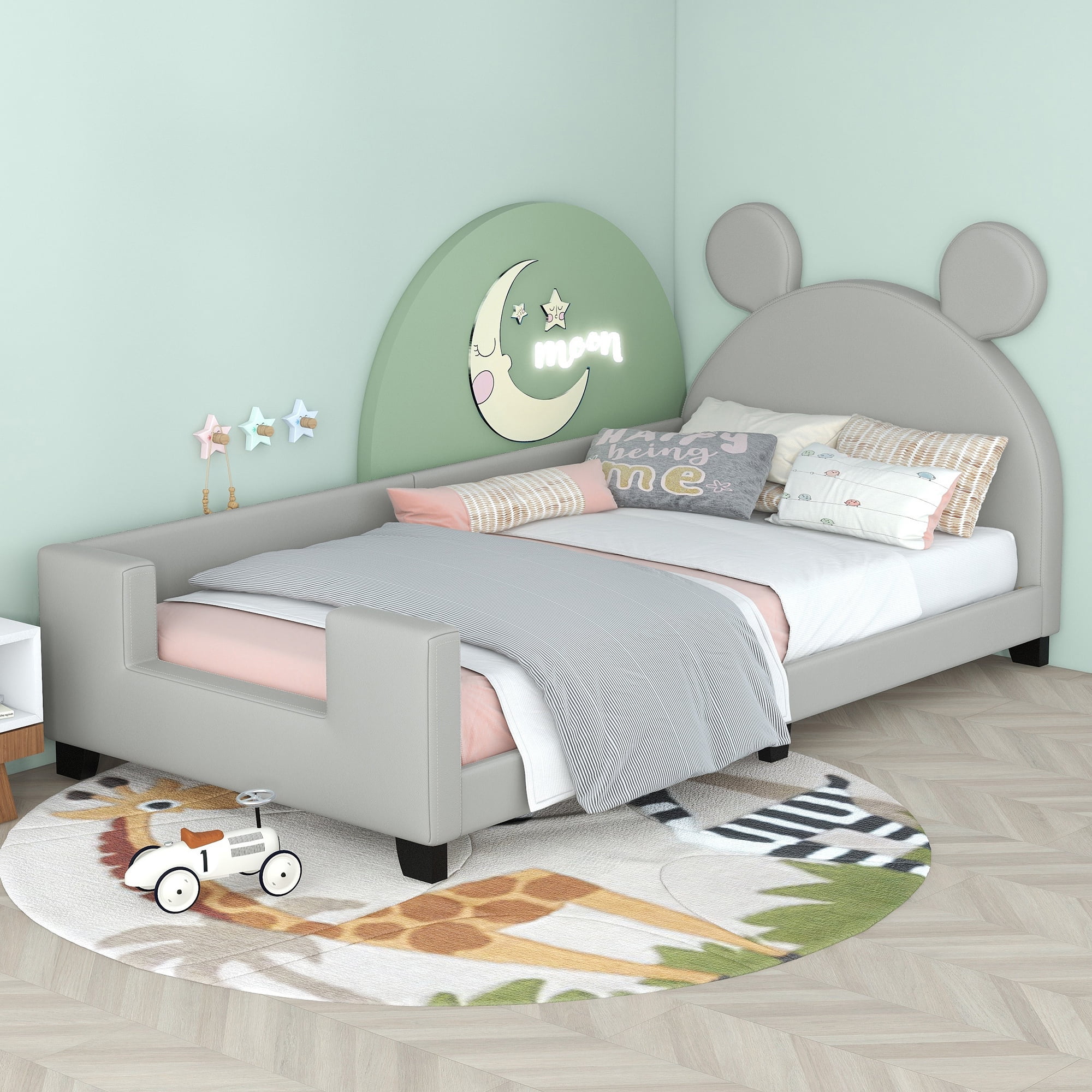 Twin Size Kids Daybed Upholstered Twin Bed with Carton Ears Shaped Headboard, Wooden Cute Twin Platform Bed Frame for Girls Boys Toddlers
