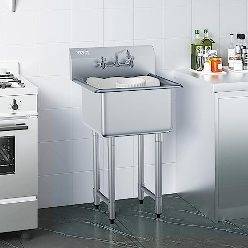 VEVOR Stainless Steel Prep & Utility Sink, 1 Compartment Free Standing Small Sink Include Faucet & legs