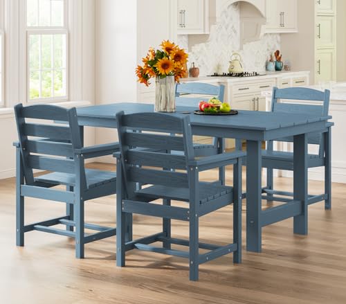 SERWALL Outdoor HDPE Dining Table Set, 7-Piece Outdoor Dining Table Sets with Umbrella Hole Cut-Out Table and 6 Chairs, Gray