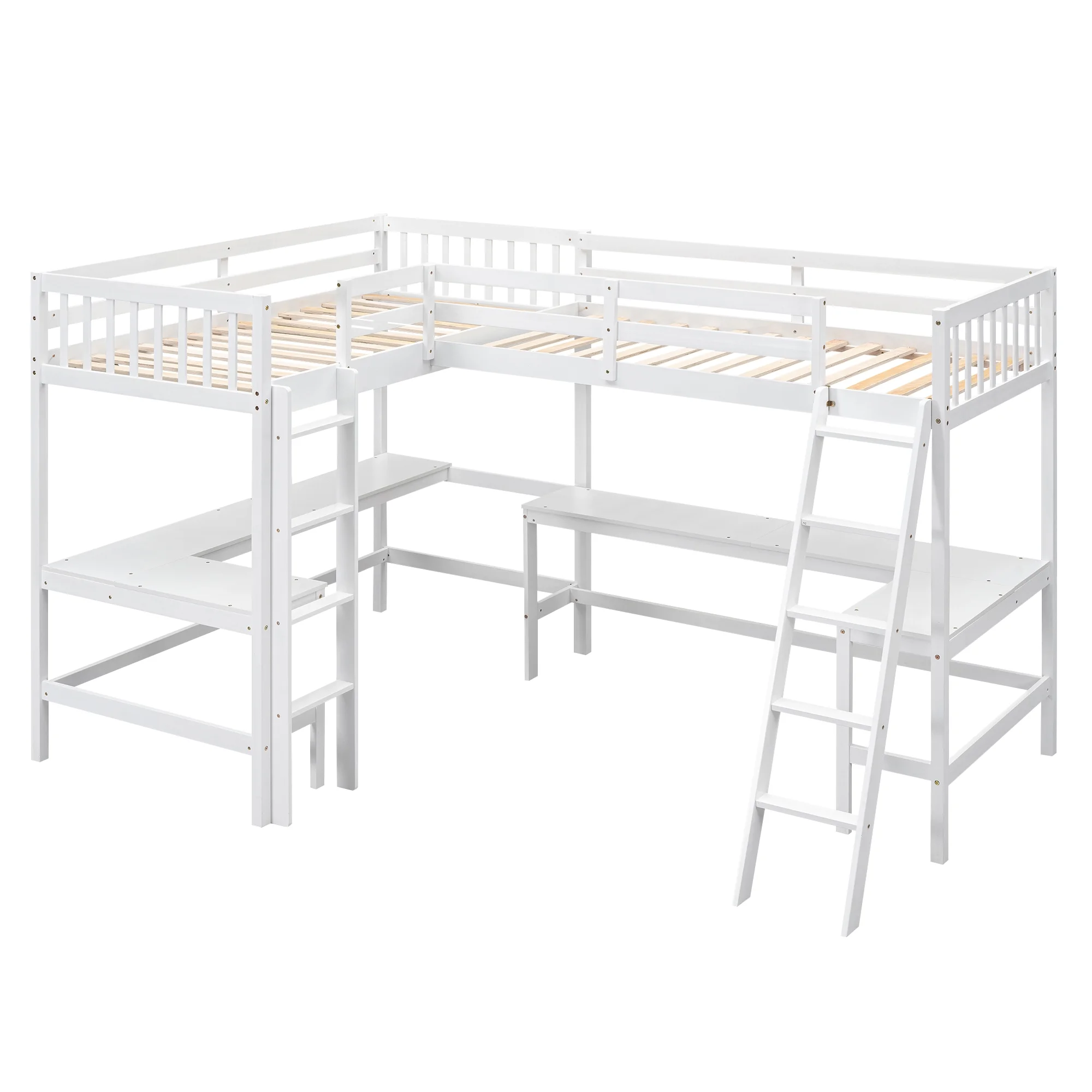 Euroco Twin Size L-Shaped Wood Loft Bed with Built-in Desks, 2-in-1 Loft Bed for Kids Teens Adults, White