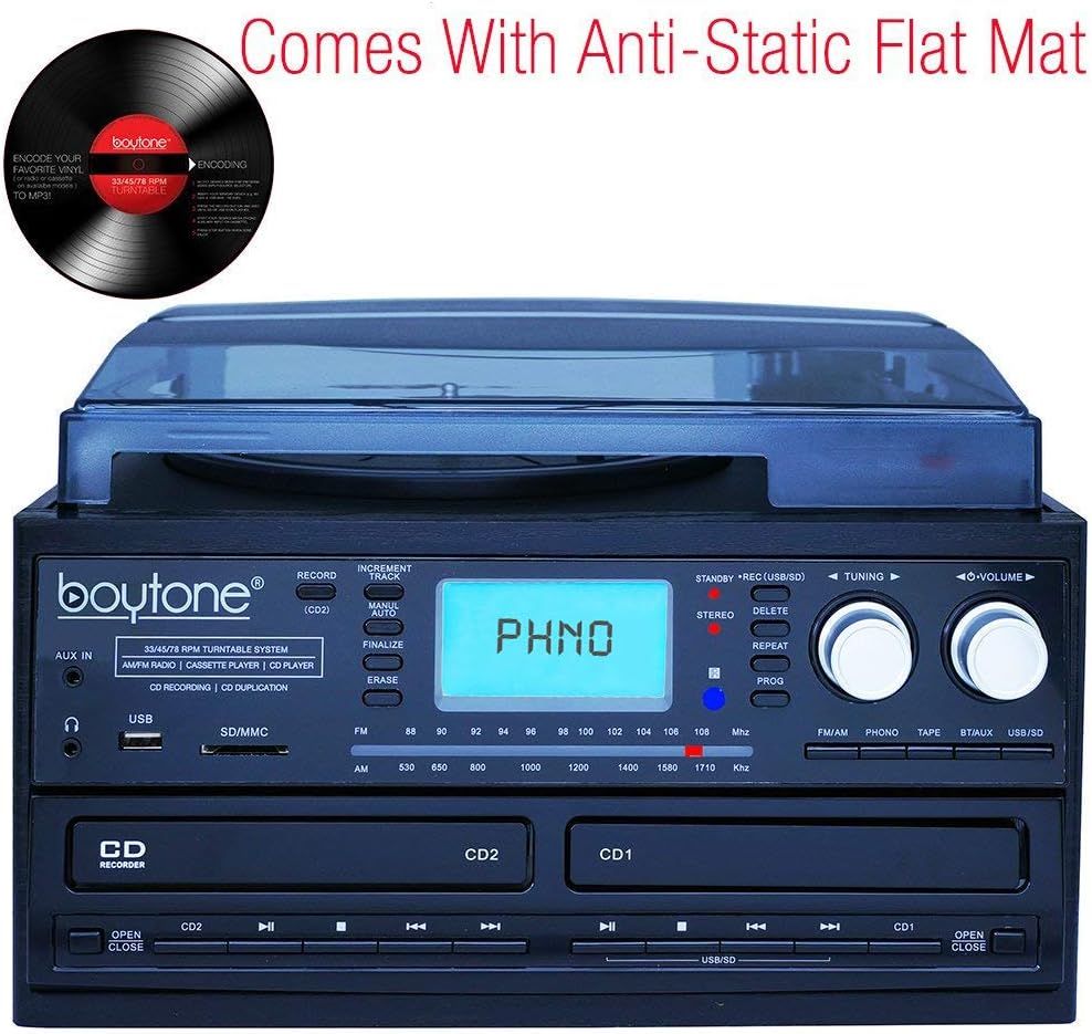 Boytone BT-29B, Bluetooth Dual CD Player, Recorder CD2 to CD1, AM/FM Radio Turntable Record Player 2 Built-in Stereo Speakers, Cassette Player