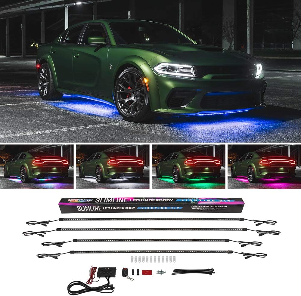 LEDGlow 4pc Multi-Color Slimline LED Underbody Underglow Accent Neon Lighting Kit for Cars - 10 Solid Colors - 13 Unique Patterns - Music Mode
