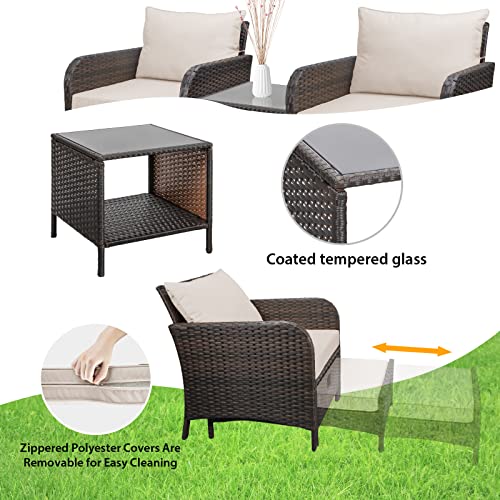 LEVELEVE Balcony Furniture 5 Piece Patio Conversation Set, PE Wicker Rattan Outdoor Lounge Chairs with Soft Cushions 2 Ottoman&Glass Table for Porch