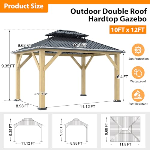 12'x12' Hardtop Gazebo, Outdoor Double Roof Galvanized Steel Gazebos, Aluminum Frame Permanent Pavilion with Curtains & Netting for Backyard, Patio