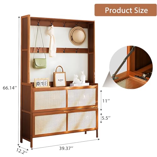 Bamboo Hall Tree with Shoe Storage, Bamboo Shoe Cabinet for Entryway, 14 Shoe Cubbies & 8 Coat Hooks