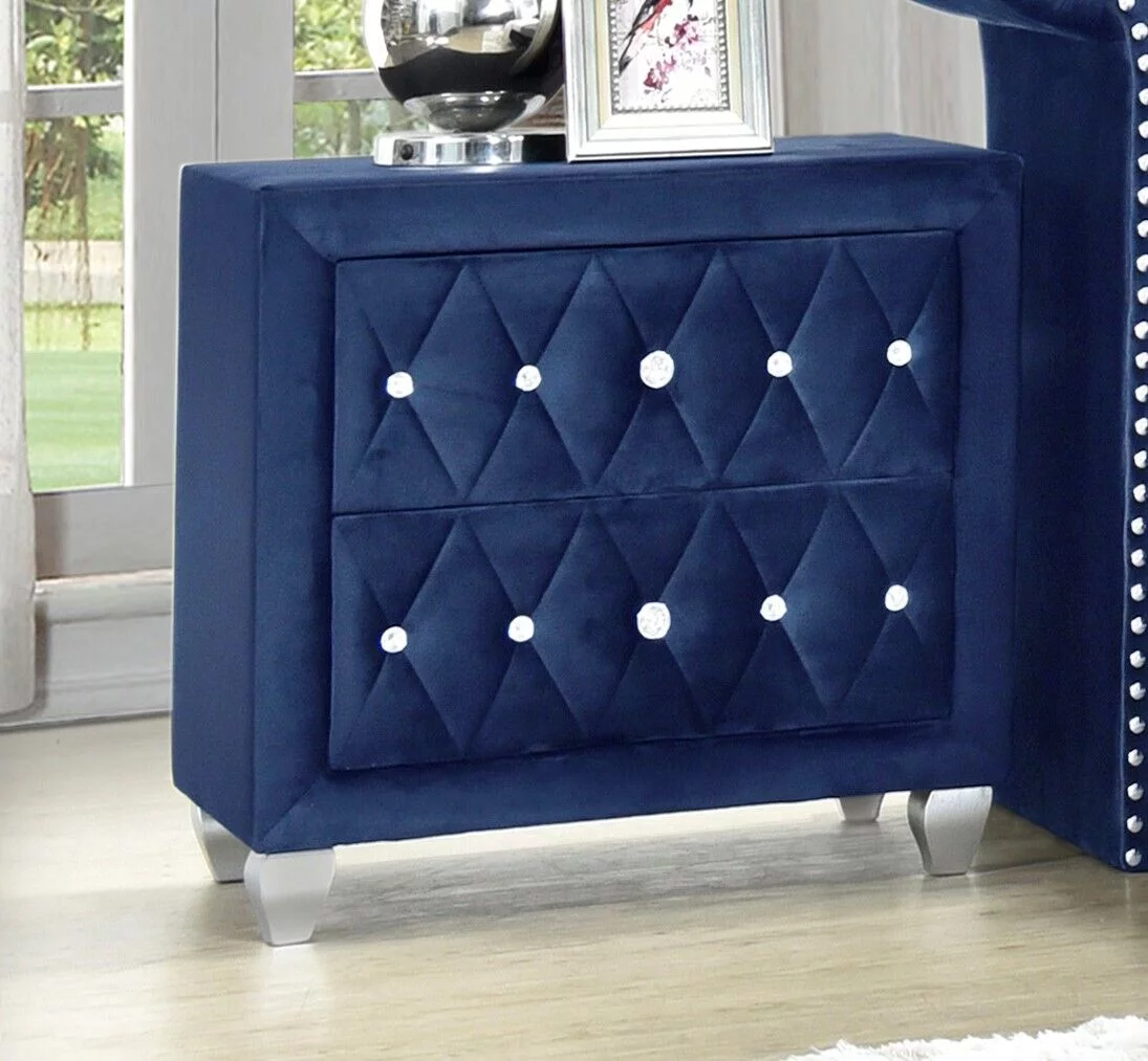 Modern 6Pc King Size Bed Dresser Mirror Nightstand Chest Set Master Bedroom Furniture Blue Velvet