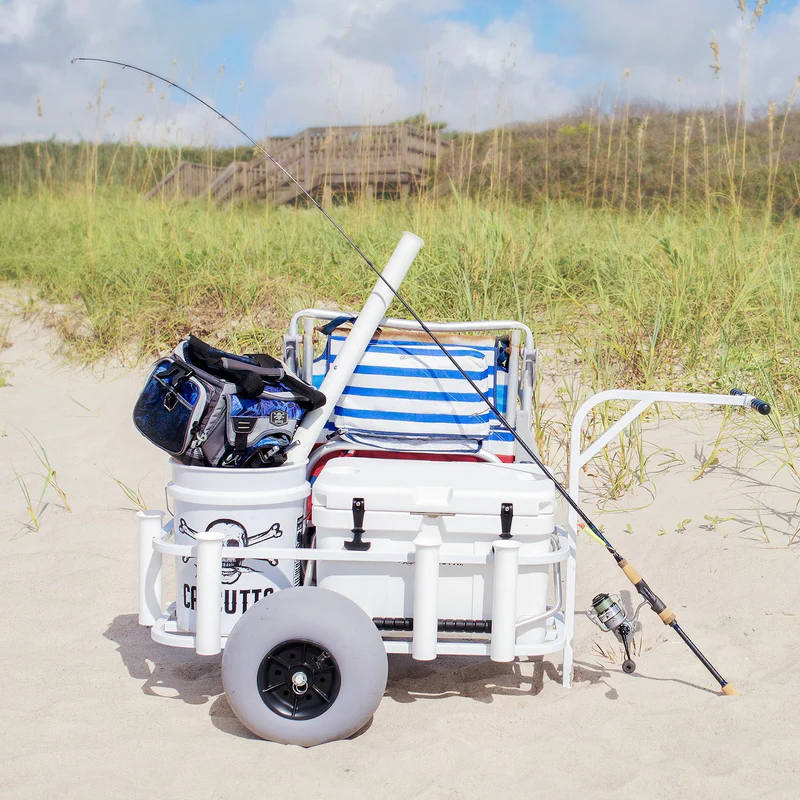 Sea Striker BRSC-WB White Surf Pier Cart, 11" Balloon Tires, 7 PVC Rod - BRSC-WB