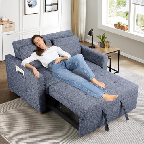 SEJOV 3-in-1 Convertible Sofa Bed, Linen Fabric Sleeper Couch Pull Out Bed, 49" 2-Seater Loveseat Futon Sofa with Spring Support