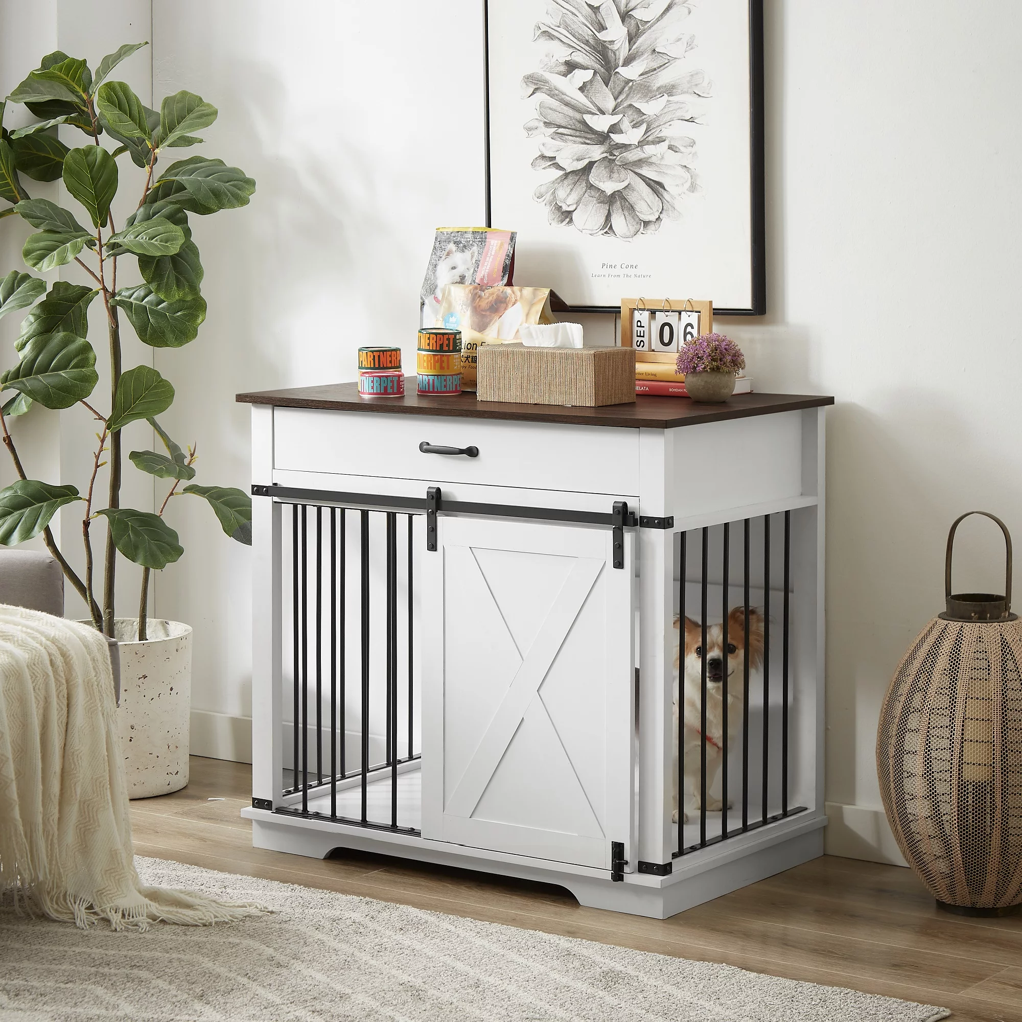 HUTWIFE Wooden Dog Crate with Sliding Barn Door, Wooden Pet Crate End Table, Dog Cage for Medium Dogs, White - Radiant Selections