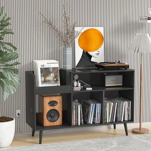KHBIULIFE Mid-Century Record Player Stand with  Vinyl Record Cabinet Record Player Table with Power Outlet Turntable Stand Large Record Holder Holds