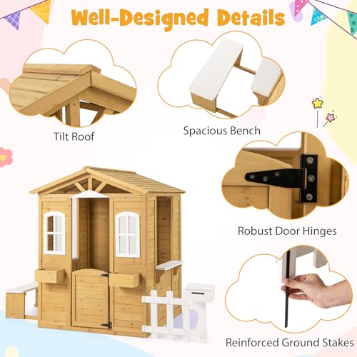 Costzon Outdoor Playhouse, Fir Wood Patio Pretend Play Center w/Bench, Mailbox, Fence, Serving Stations, Flowerpot Holders, Windows & Door