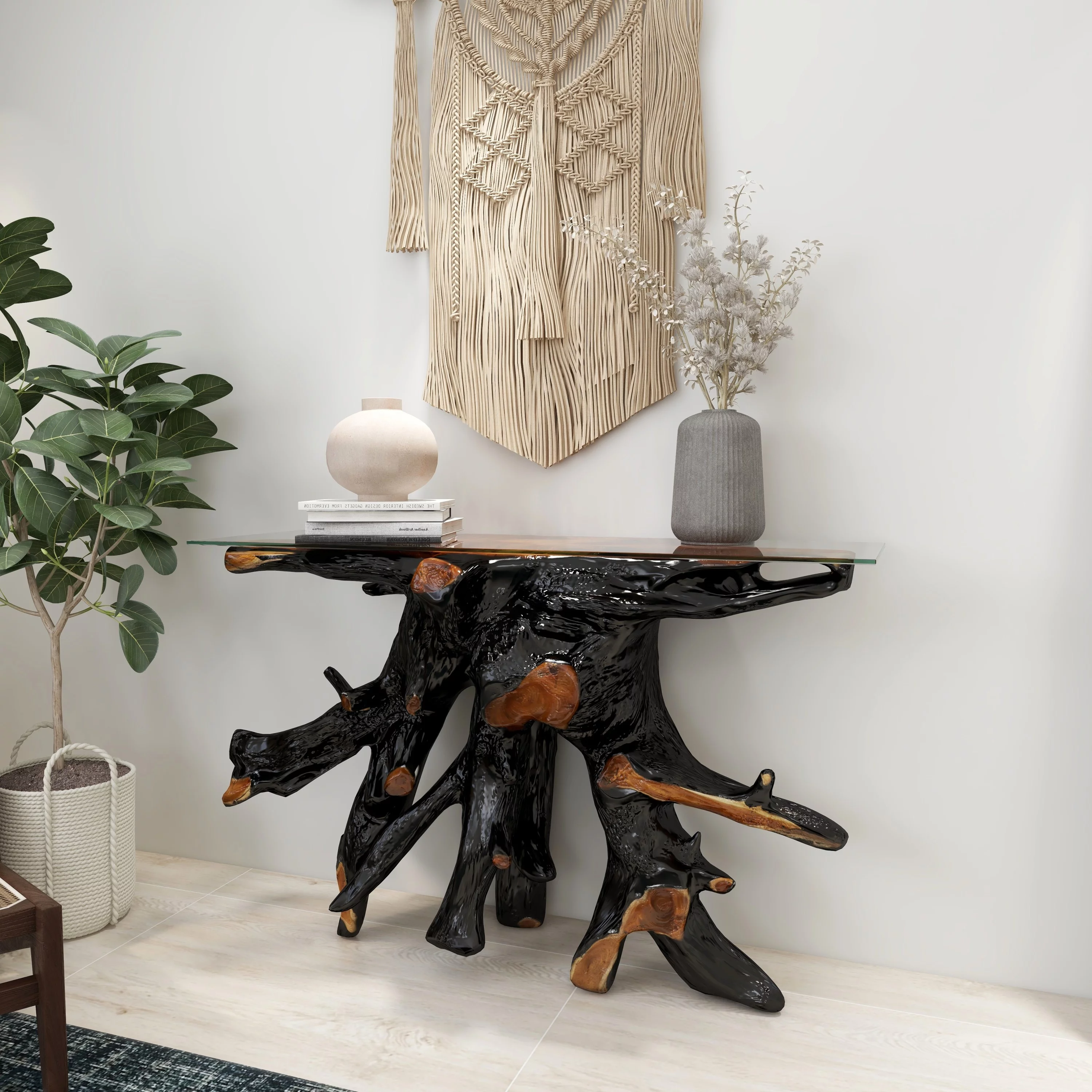 DecMode 49" x 32" Black Teak Wood Live Edge Tree Stump Console Table with Clear Glass Top, 1-Piece
