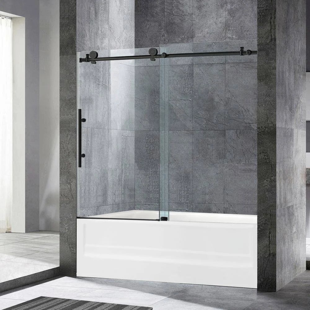 Woodbridge Dilham 56 in. to 60 in. x 62 in. Frameless Sliding Bathtub Door with Shatter Retention Glass in Matte Black HSD3622
