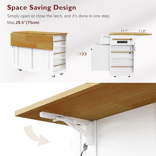 Rolling Kitchen Island with Drop Leaf & Power Outlet, Large Kitchen Islands Cart on Wheels