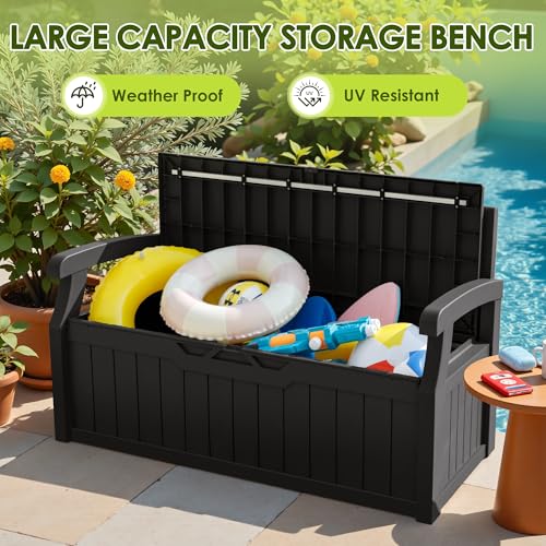 Greesum 80 Gallon Outdoor Storage Bench, Resin Patio Furniture with Armrest,Waterproof and UV-Resistant, Perfect to Garden, Poolside and Lawn
