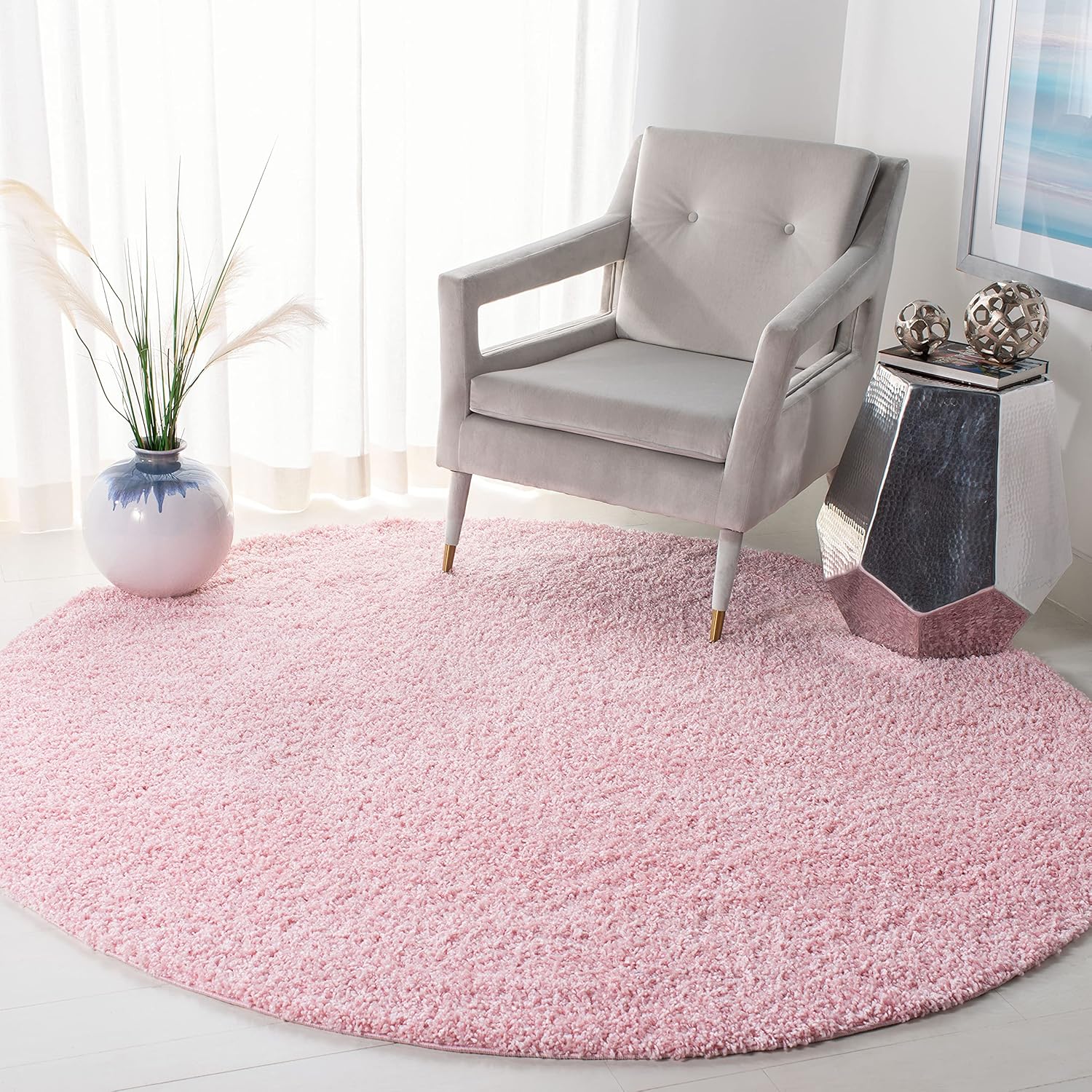 SAFAVIEH Primo Shag Collection Area Rug - 4' Round, Light Pink, Solid Design, Non-Shedding & Easy Care