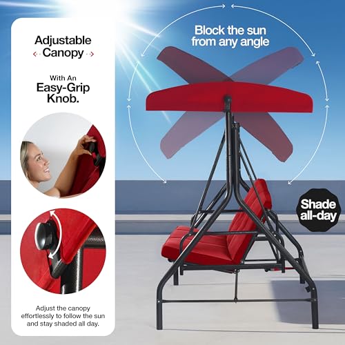 Porch Swing - 3-Seat Patio Outdoor Swing with Canopy for Adultes, Convertible Glider Bed, Thick Removable Cushions & Pillows for Backyard, Porch