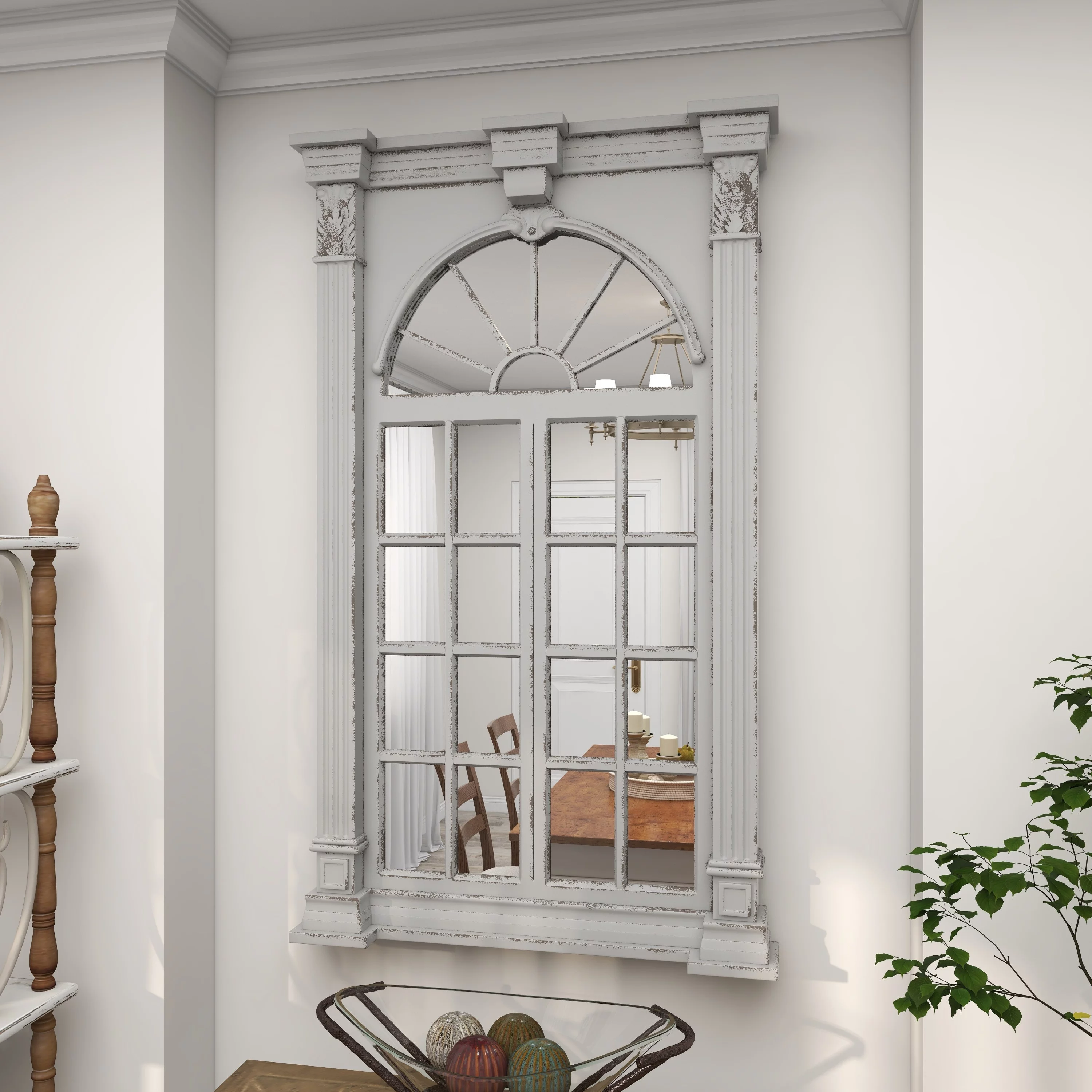 DecMode 37" x 52" Cream Window Pane Inspired Wall Mirror with Arched Top and Distressing