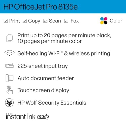 HP OfficeJet Pro 8135e Wireless All-in-One Color Inkjet Printer, Print, Scan, Copy, Fax, ADF, Duplex Printing, Best-for-Home Office