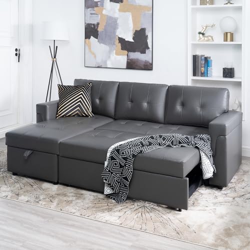 Naomi Home Reversible Sleeper Sectional Sofa Storage Chaise Velvet/Dark Gray