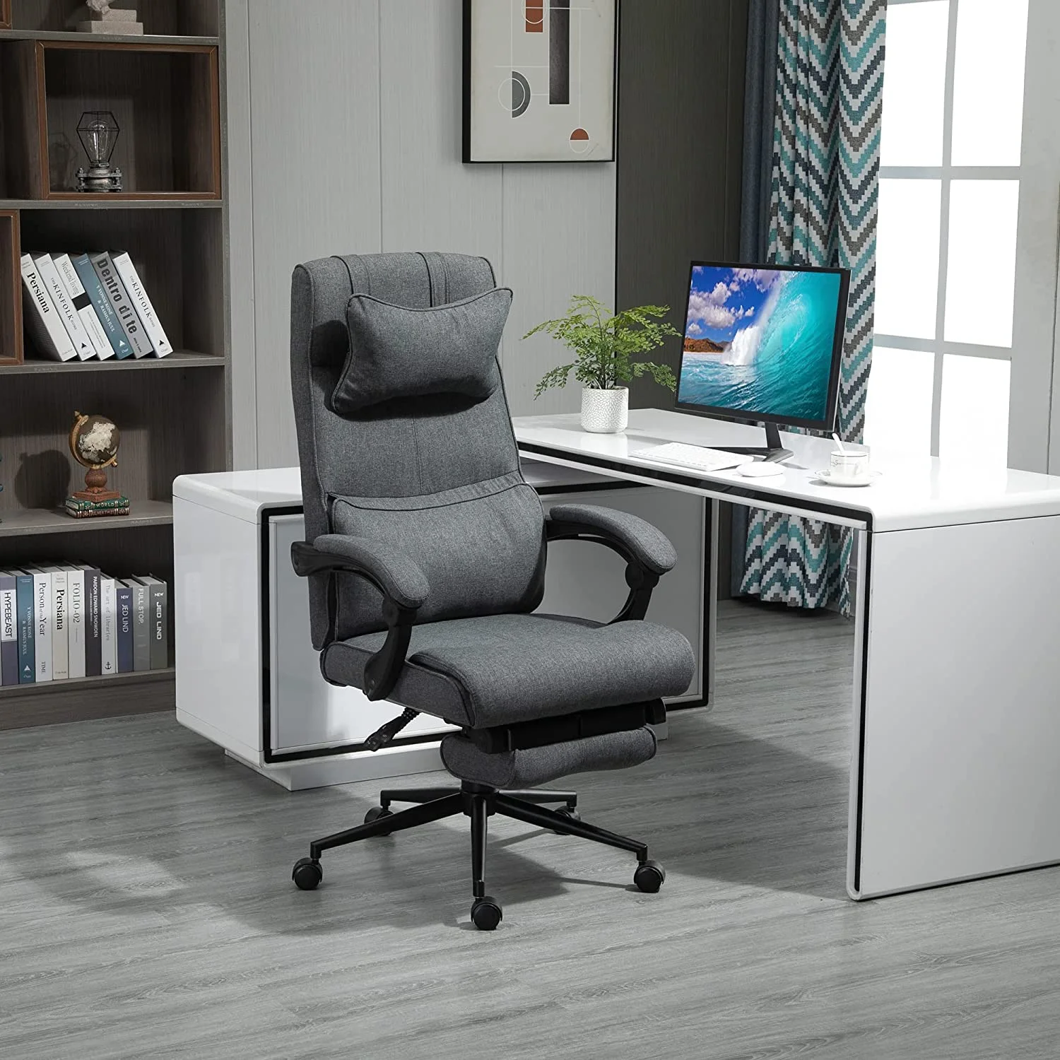 High Back Executive Office Chair, Reclining Computer Desk Chair With Footrest, Height Adjustable Fabric Office Chair With Headrest And Lumbar Support