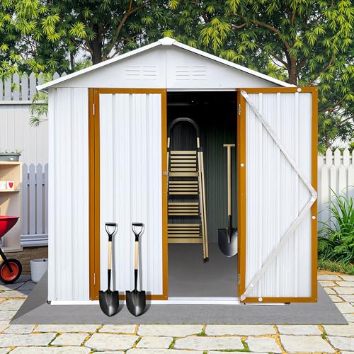 8x6 FT Outdoor Storage Shed, Metal Tool Shed with Lockable Doors, Peaked Roof & Frame Floor