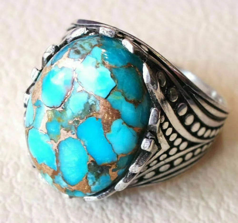 925 Sterling Silver Certified Handmade Copper Turquoise Gemstone Mens Gift Ring